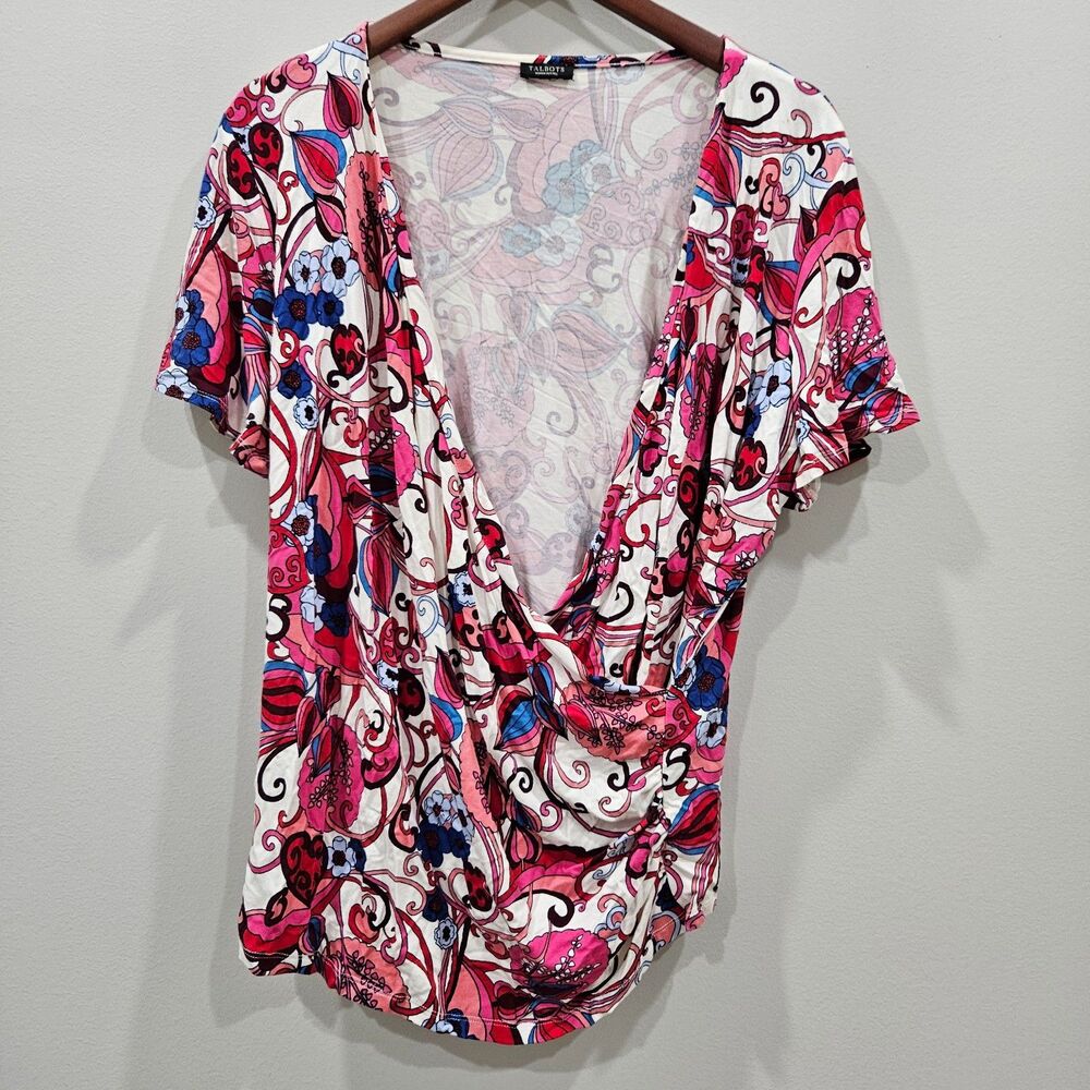 Talbots Womens Floral Wrap Top XLP Multicolor Ruched Colorful Feminine Vibrant